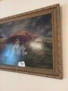 Primitive painting, dogs under umbrella, gilt frame 20x26