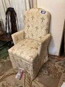 Upholstered boudoir arm chair - note stains to fabric