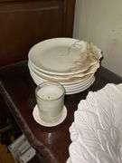White molded floral dishes and serving pcs, votive cup