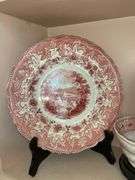 Contents of shelf: red Staffordshire transfer printed platter and plates, including British Lakes pattern