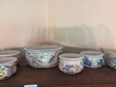 Handcrafted pottery berry set w/ floral decor, Washington County Arts label