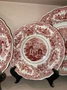 Contents of shelf: red Staffordshire transfer printed Spanish Convent pattern plates