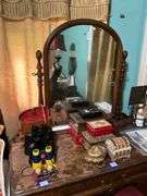 Vanity table w/ arched tilt mirror on turned supports, and matching stool - no contents 45x20x61.5 - MUST COME DURING LAST 2 HOURS OF PICKUP FOR THIS ITEM