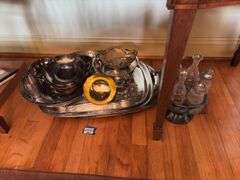 Silverplated tray and serving pcs, and Victorian table castor w/ bottles - missing handle
