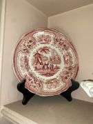 Contents of shelf: red Staffordshire transfer printed china teapot, sugar & creamer, plates