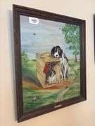 Primitive painting, dogs, Leaving Home, framed 23x27