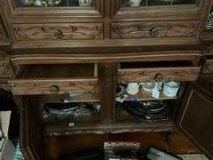 Louis XV style 2-part cabinet w/ carved crest, leaded glass central cabinet doors, carved panels and drawer fronts throughout, cabriole legs - no contents 92x22x93 MUST COME DURING LAST 2 HOURS OF PICKUP FOR THIS ITEM