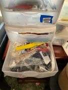 Plastic storage drawers and totes w/ craft supply contents