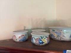 Handcrafted pottery berry set w/ floral decor, Washington County Arts label