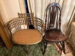 Turn-of-the-century gilt reception chair w/ caned seat - note break in center back, and brace back Windsor side chair