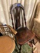 Turn-of-the-century gilt reception chair w/ caned seat - note break in center back, and brace back Windsor side chair