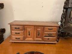 Sawn 3-tier what-not, jewelry cabinet, painted barrel stave