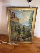 Primitive painting, landscape, gilt frame 15x21