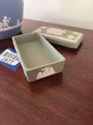 Blue Wedgwood jasperware pitcher, and green jasperware box