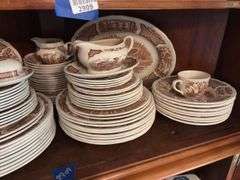 Contents of two shelves: Alfred Meakin Fair Winds pattern brown transfer dinnerware set w/ serving pcs