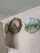 Wall hangings: milk glass Cupid & Psyche plate, bisque plaques, handpainted porcelain plates, two framed needlepoints