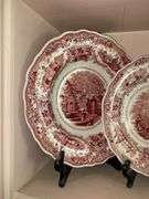 Contents of shelf: red Staffordshire transfer printed Spanish Convent pattern plates