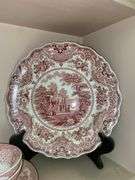 Contents of shelf: red Staffordshire transfer printed china including White Mountain NH scene and Columbus