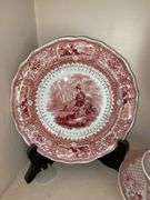 Contents of shelf: red Staffordshire transfer printed china platter, plates, cup/saucer, including Caledonia pattern