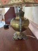 Bradley & Hubbard brass parlor lamp w/ fabric covered shade, electrified