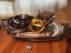 Silverplated tray and serving pcs, and Victorian table castor w/ bottles - missing handle