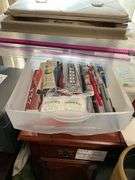 Plastic storage drawers and totes w/ craft supply contents