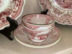 Contents of shelf: red Staffordshire transfer printed china including White Mountain NH scene and Columbus