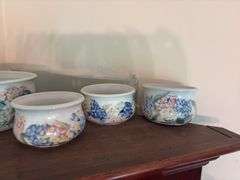 Handcrafted pottery berry set w/ floral decor, Washington County Arts label