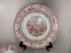 Contents of shelf: red Staffordshire transfer printed china platter, plates, cup/saucer, including Caledonia pattern