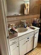 Contents of bathroom except fur coats: collectibles, health items, boots, cleaning supplies, misc