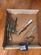 Sterling handled implements including: nail file and buffer, shoehorn, button hooks, letter opener, curling iron