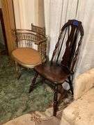 Turn-of-the-century gilt reception chair w/ caned seat - note break in center back, and brace back Windsor side chair