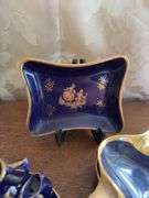 Cobalt and gold luster dish, ashtrays, and mini teaset w/ Limoges/France marks