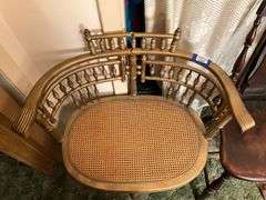 Turn-of-the-century gilt reception chair w/ caned seat - note break in center back, and brace back Windsor side chair