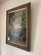 Naive painting, landscape w/ tiny figures, signed AET, in gilt frame 21.5x27.5