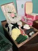 Vintage ladies hankies, lingerie set, jewelry box, misc