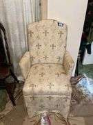 Upholstered boudoir arm chair - note stains to fabric