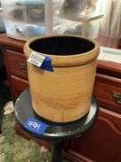 Stoneware crock and round pedestal stand on turned column - stand 29in high