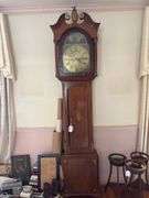JOHN WESTON/ WOLSINGHAM tall case clock, brass face w/ rocking ship movement, case has inlaid stringing and details, ogee bracket feet 20x10x91