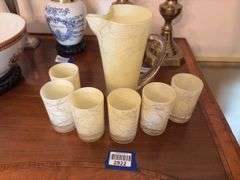 MCM mid-century modern spaghetti swirl glass pitcher and tumblers set