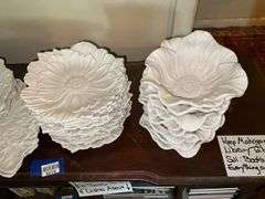 White molded floral dishes and serving pcs, votive cup