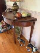 Demi-lune game table w/ inlaid diamonds, tapered legs - no contents 41x18x30