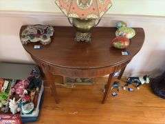 Demi-lune game table w/ inlaid diamonds, tapered legs - no contents 41x18x30