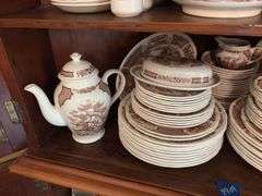 Contents of two shelves: Alfred Meakin Fair Winds pattern brown transfer dinnerware set w/ serving pcs