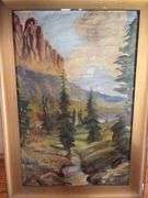 Primitive painting, landscape, gilt frame 15x21