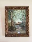 Naive painting, landscape w/ tiny figures, titled English Country Side, in gilt frame 22.5x28.5