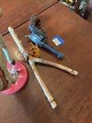 Carousel horse figure, wooden slingshot, Daisy BB gun