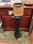 Stoneware crock and round pedestal stand on turned column - stand 29in high