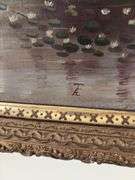 Naive painting, landscape w/ tiny figures, signed AET, in gilt frame 21.5x27.5