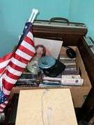 Corner desk and contents: desk accessoroies, CDs, brief cases, cables, misc
